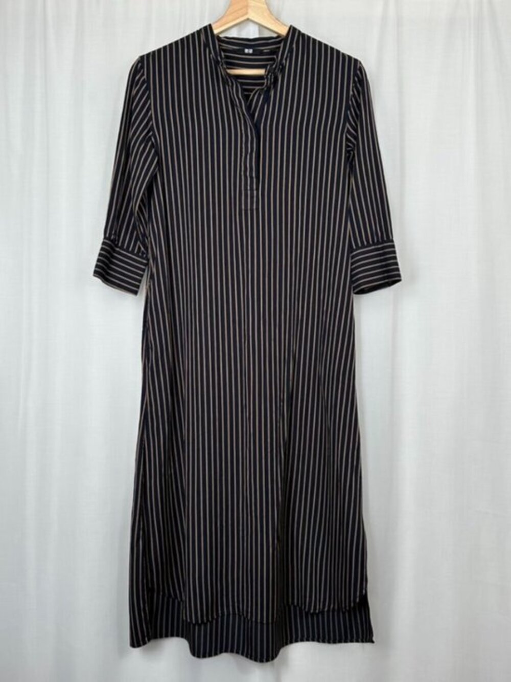 Uniqlo Womens Striped Midi Shirt Dress XS Dark Navy Blue Tan Coastal Beachy Pool